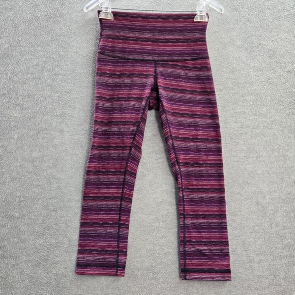 Lululemon Activewear Pants 6 Purple Striped Leggings Wunder Under High Rise Crop